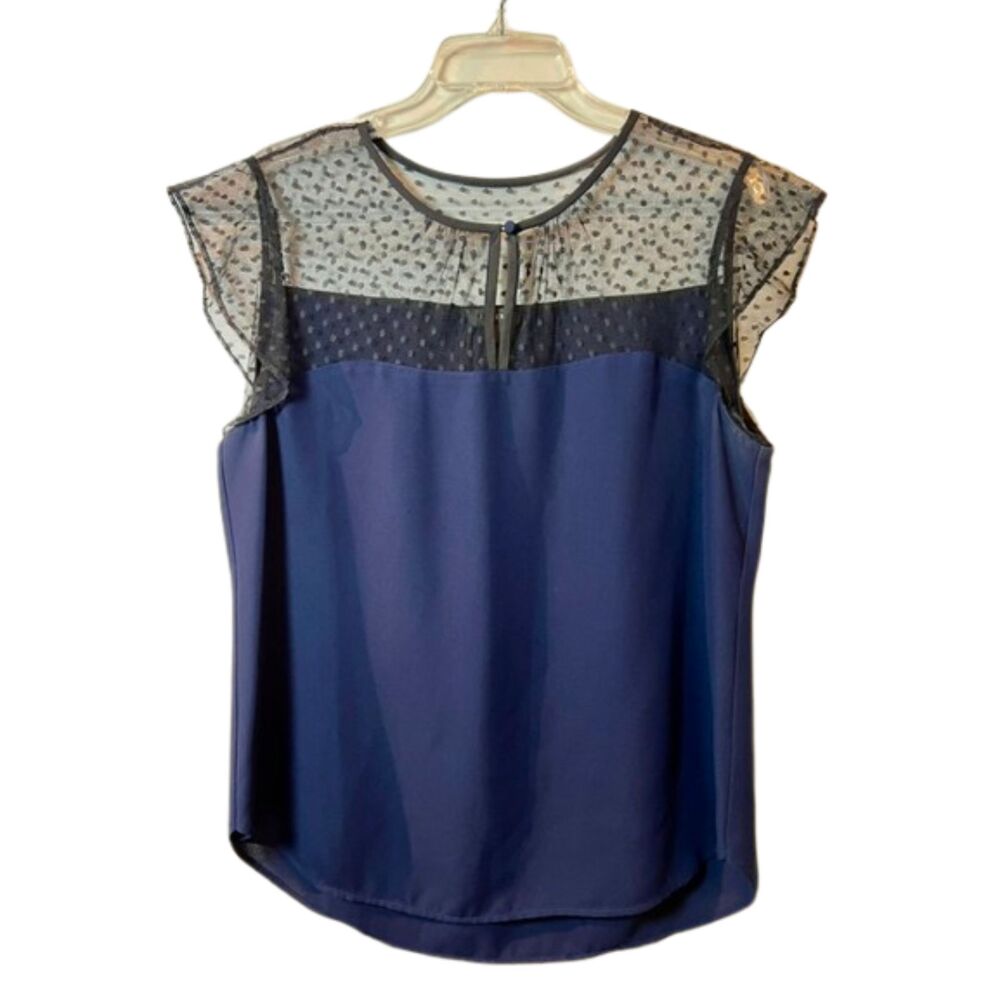 J.Crew Navy Swiss Dot Mesh Cap Sleeve Blouse Size 12 Sheer Yoke Top